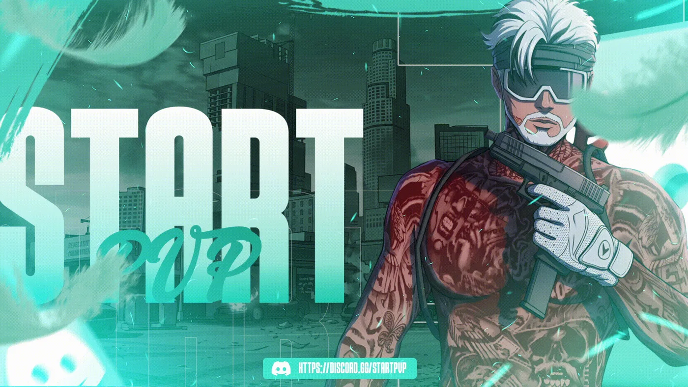 Start PvP key art — a tactical operator holding a pistol over the Los Santos skyline